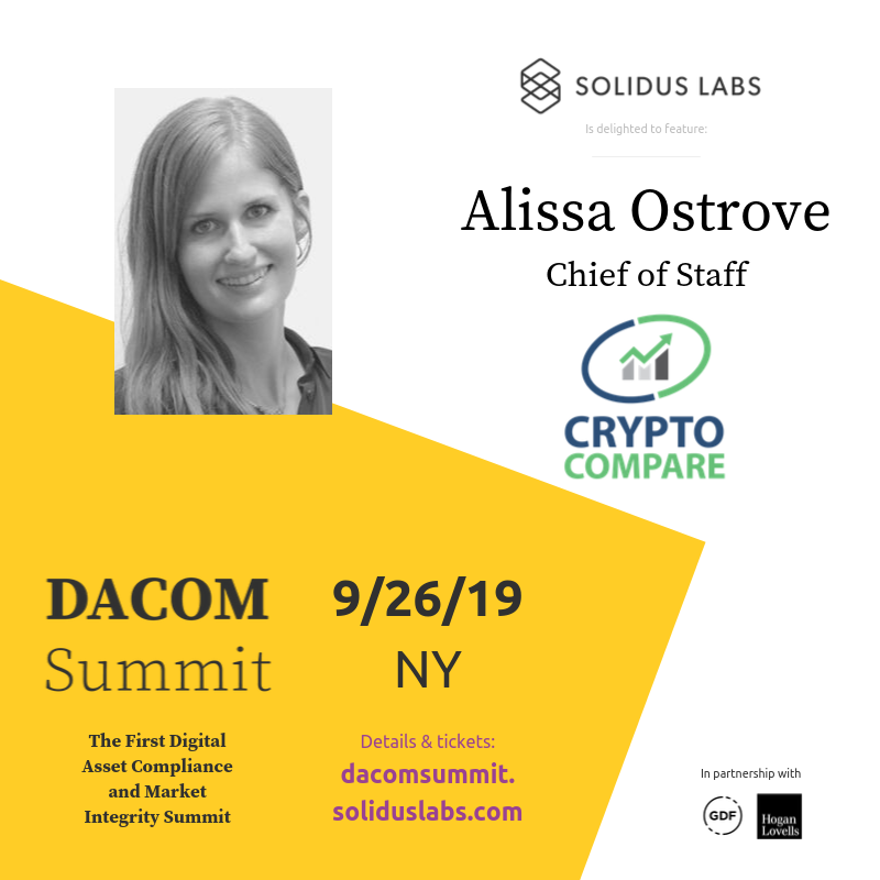 Solidus_Labs's tweet photo. Thrilled for @CryptoCompare's @AlissaOstrove to present on data transparency, reliable exchange volumes and what they mean for market integrity @ #DACOM2019. Get tickets today &amp; take part in shaping the future of compliance: https://t.co/9NggVHf48A 
#Sunlightisthebestdisinfectant https://t.co/Fke9jnng70