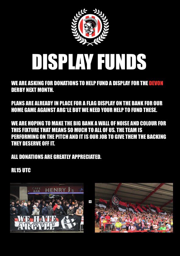 RedLegion04's tweet photo. https://t.co/FgQkyVnv0w here is the link to donate towards the Devon derby display.  All donations are greatly appreciated @OfficialECFC #ECFC https://t.co/TTivLf40dh