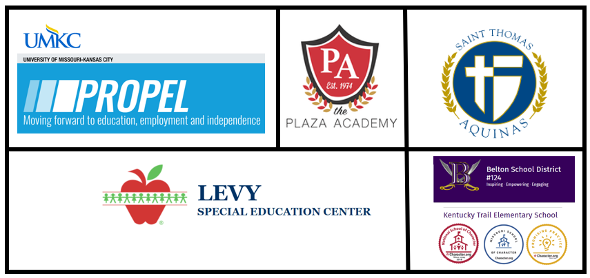Logos for UMKC Propel Program, Levy Special Education Center, the Plaza Academy, St. Thomas Aquinas and the Belton School Districts Kentucky Trail Elementary School