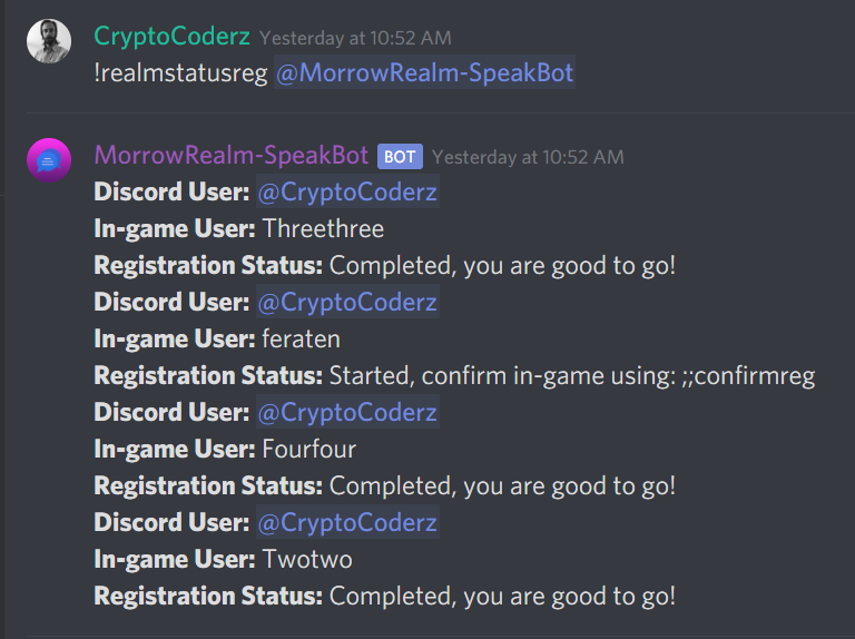 MorrowRealm's tweet photo. Realm admin @CryptoCoderz Checking our multi account handling systems. One discord user may wish to have many MorrowRealm accounts and that is perfectly fine now! #Crypto #GameDev #Blockchain #cryptocurrency #Altcoins #RPG
Join the Realm! - https://t.co/vS8t3s1ufZ https://t.co/K3b2e3pkd9