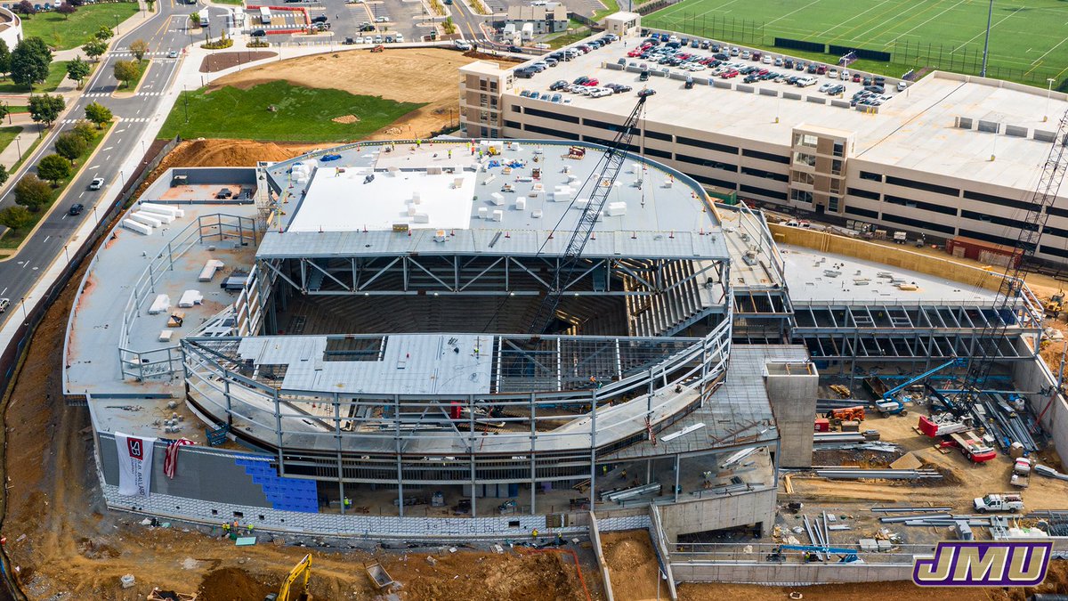 JMUSports's tweet photo. The roof is almost complete, which means we are one step closer to finishing the new home of @JMUMBasketball &amp; @JMUWBasketball, the @Atlantic_Union Bank Center! 

#GoDukes https://t.co/q7SOrVh7e1