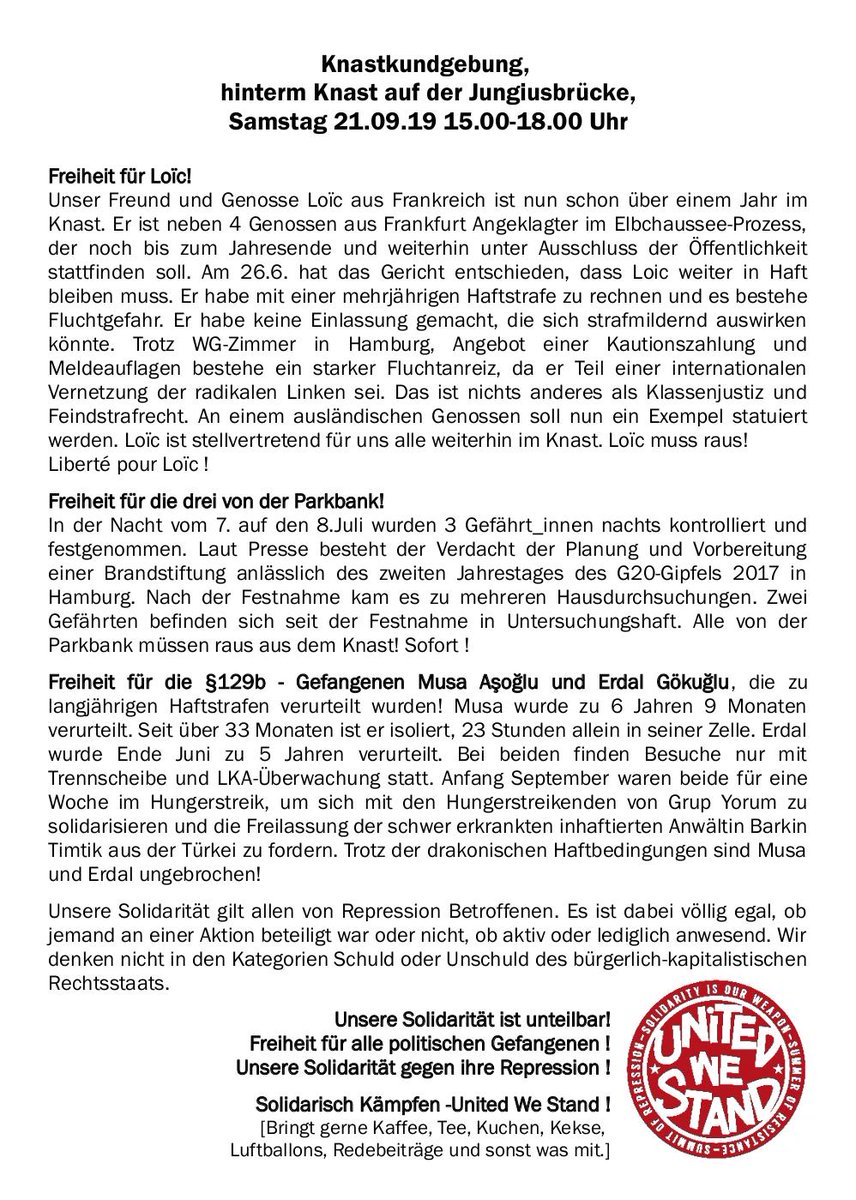 LiberezLoic's tweet photo. Unsere #Solidarität gegen ihren Knast! Soli-Kundgebung am SA.21.9. 15-18h, Knast #Holstenglacis. #LibertéPourLoïc!, Freiheit für die 3 von der #Parkbank, Freiheit für Musa+Erdal, die beiden #129b Gefangenen (DHKP-C). https://t.co/I2J7vyzuVM