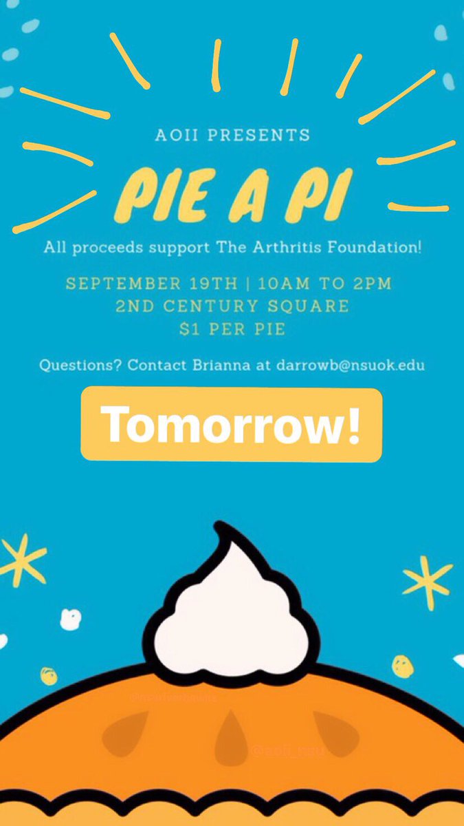 Stop by Second Century Square tomorrow from 10-2 to support <a href="/ChiTheta/">☆ Alpha Omicron Pi ☆</a> by throwing a pie at an AOII! 🎉🥧🍰