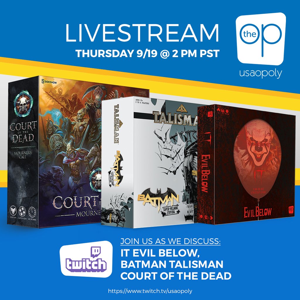 TheOpGames's tweet photo. Join us for #TheOPLive TOMORROW to get your most pressing questions about #ITEvilBelow, #TalismanBatman, and @CourtoftheDead: #MournersCall answered LIVE by the #OPsters! 
Twitch TV👉 https://t.co/Pntw5kz7To

#TwitchTV #Livestream #SideshowCollectibles #ITChapter2 #Batman #TheOP https://t.co/SXdTV9gl62
