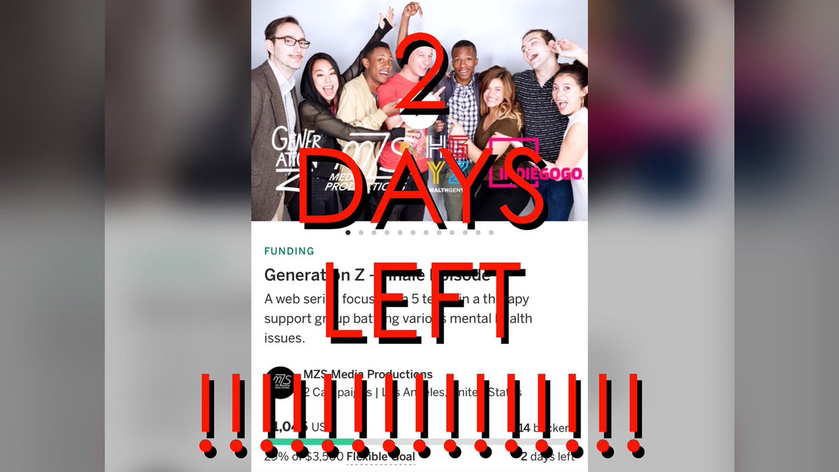 genzwebseries's tweet photo. 2 days left! go to https://t.co/wJCVOEIZmG to donate! 😊 #generationz #webseries #indiegogo https://t.co/FeXLa0W9iY