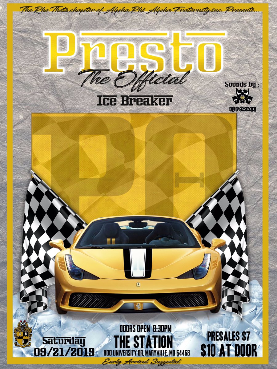 The Official Rho Theta Ice Breaker #Presto🏁🏁🏁🏁 Going up this weekend September 21st @ Northwest Missouri State University $10 at the door before 10pm ‼️ Motor Sport theme🚗💨 GREEKS $5 All night. Phrat &amp; Pham free 🤙🏾💞💚. Come kick it with us all nightttt. It’s going up 🏁🏁