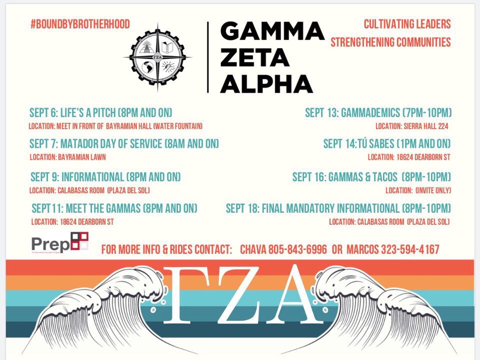csun_gammas's tweet photo. Attention! Tonight we will be having our mandatory final informational at 8PM in the Calabasas room located in Plaza del Sol. Join us and find out what it takes to be a part of the brotherhood of Gamma Zeta Alpha Fraternity, Inc. We hope to see you all there! #RushGammas https://t.co/CDXo9bvC9Z