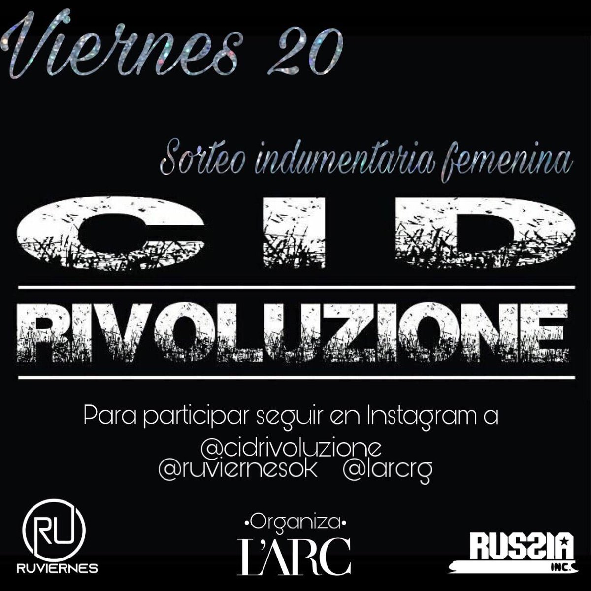 LarcRg's tweet photo. Viernes 20🍸🍸🍾

* Sorteo de indumentaria femenina CID RIVOLUZIONE 

Para participar seguí en Instagram a @cidrivoluzione @Ruviernesok  @LarcRg https://t.co/RtEac5fy6I