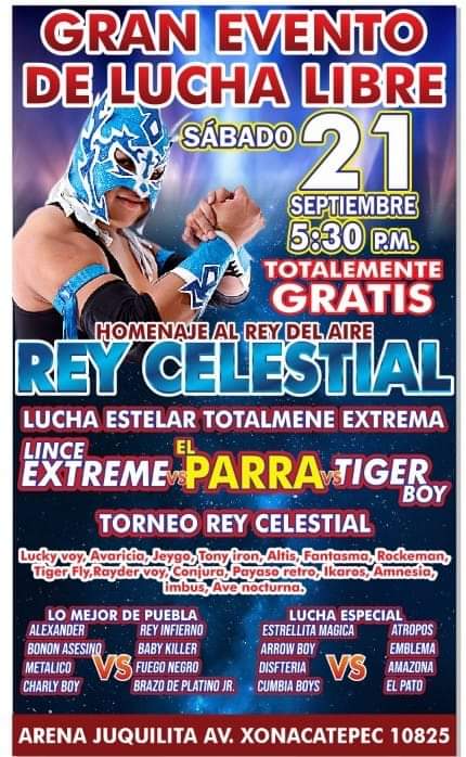 FeerHuerta18's tweet photo. @e_deportivo @RudoVisionTV @pepesegarra @acervantes_ Buenas tardes viejitos, 
Quería ver si podría hacer la invitación al homenaje que se le ara 
Ami primo luchador REY CELESTIAL  ya Que se cumplieron ya 2 años de que fallecio.
Arena juquilita av.xonacatepec 10825 puebla puebla..
@RudoVisionTV @e_deportivo @pepesegarra https://t.co/a1jVLS3nhi