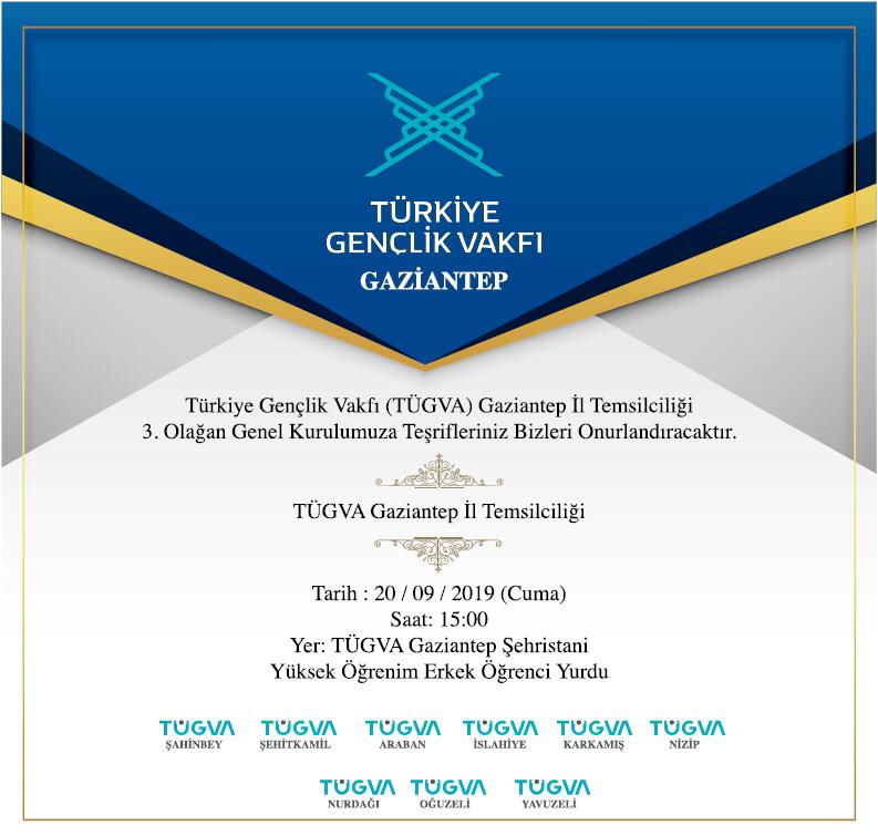 tugvagaziantep's tweet photo. #GenelKurul

20 Eylül Cuma günü saat 15:00 da TÜGVA Gaziantep Şehristani Yüksek Öğrenim Erkek Öğrenci Yurdunda gerçekleştireceğiz 3.Olağan Genel Kurulumuza teşrifleriniz bizi onurlandıracaktır. https://t.co/2PPXUPwgSd