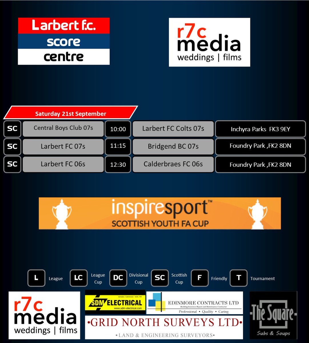GTFootballClub's tweet photo. Massive weekend for our teams in the 2nd round of the Scottish Cup.

Colts travel to Central BC, while Larbert 07s welcome Bridgend BC  &amp;the 06s wrap up Saturdays games as hey host Calderbraes Football Club.

Thanks to @r7cmedia  for sponsoring this weeks games.

C'mon you IRONS! https://t.co/4gVCgQCAba