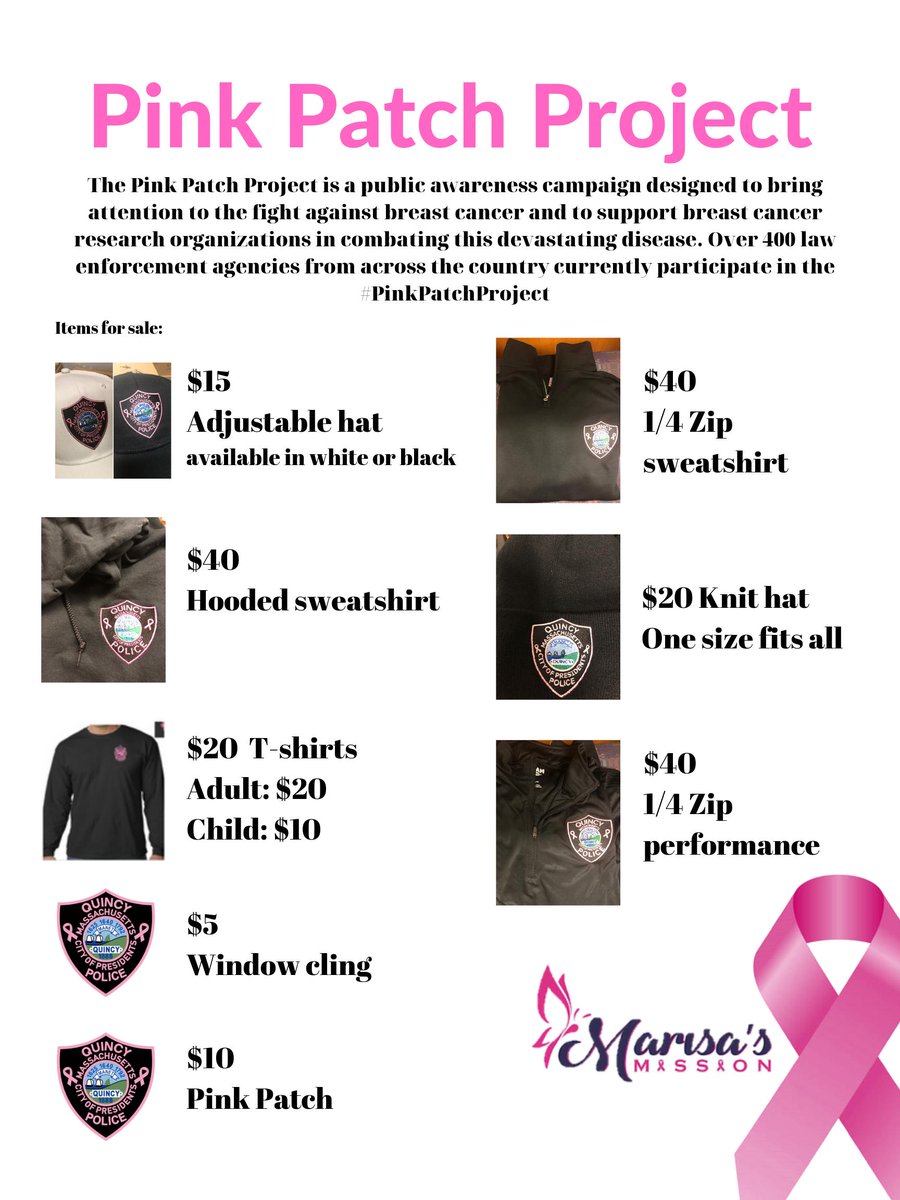 quincymapolice's tweet image. October is #BreastCancerAwareness Month 
#PinkPatch items on sale this week: 
▪10/2: Atrium@ Presidents Place  (1250 Hancock St) 11:30am-1:30pm 
▪10/4: Farmers Mkt@ Pageant Field 11:30am-5:00pm
▪10/5: QPD during Haz Waste Day (8-11:30am) &amp;amp; Food 🚚  Fest (Coddington St) 12-6pm