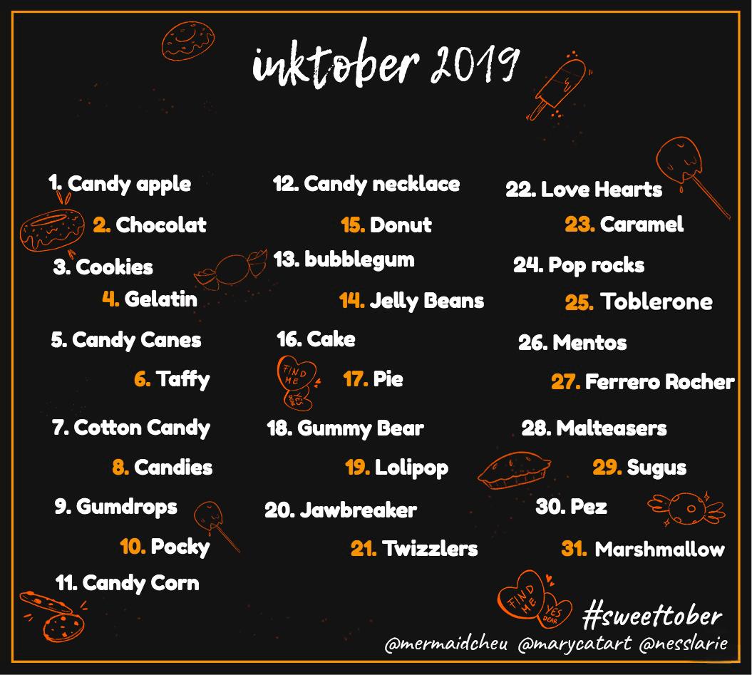 nesslarie's tweet photo. Me, @marycatart  and @Mermaicheu , decided to create our own #inktober2019 list this year! 

The tag is #sweettober 🍰🍪🍩🍨🍬🍭🍦 

Join us, if you want to! 😊

#inktober #inktoberlist #inktober2019list #artchallenge https://t.co/Jc6TKFkWew
