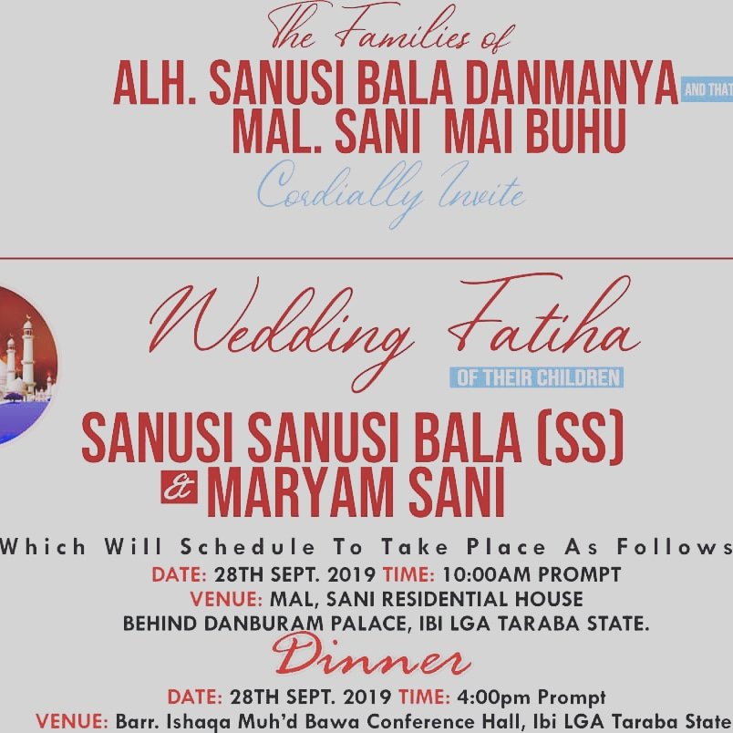 chindo_ardo's tweet photo. Everybody is invited and highly welcome to this great wedding FATIHA 👫👫🙏🙏💖💖💖 https://t.co/w8AmcyU300
