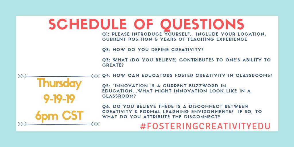 CSPrincipalD93's tweet photo. Just a reminder...Pls join us tomorrow, 9/19 at 6pm CST for a Twitter chat about fostering #creativity & #innovation in the classroom. Schedule of ?s attached. Pls RT and share!
#FosteringCreativityEdu https://t.co/jfih9WuN3V
