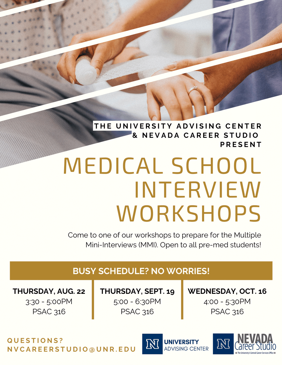 Pre-Med Students!!! There will be Medical School Interview Workshops TOMORROW in PSAC room 316 from 5-6:30 pm. Take advantage of this amazing opportunity to prepare yourself for your future. Feel free to message the Career Studio if you have any questions!