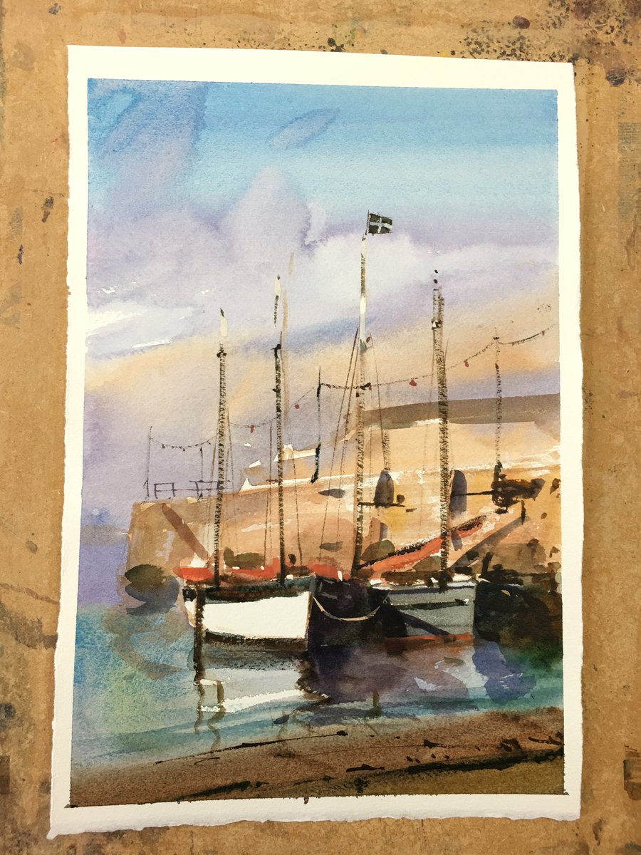 PureWatercolour's tweet photo. Sunlit boats. Painted on Arche 140lb not paper. Using W&amp;N Cotman paints. #iwindsorandnewton #Watercolour  #Cornwall #Paintseptember https://t.co/Y8wxO72Y51