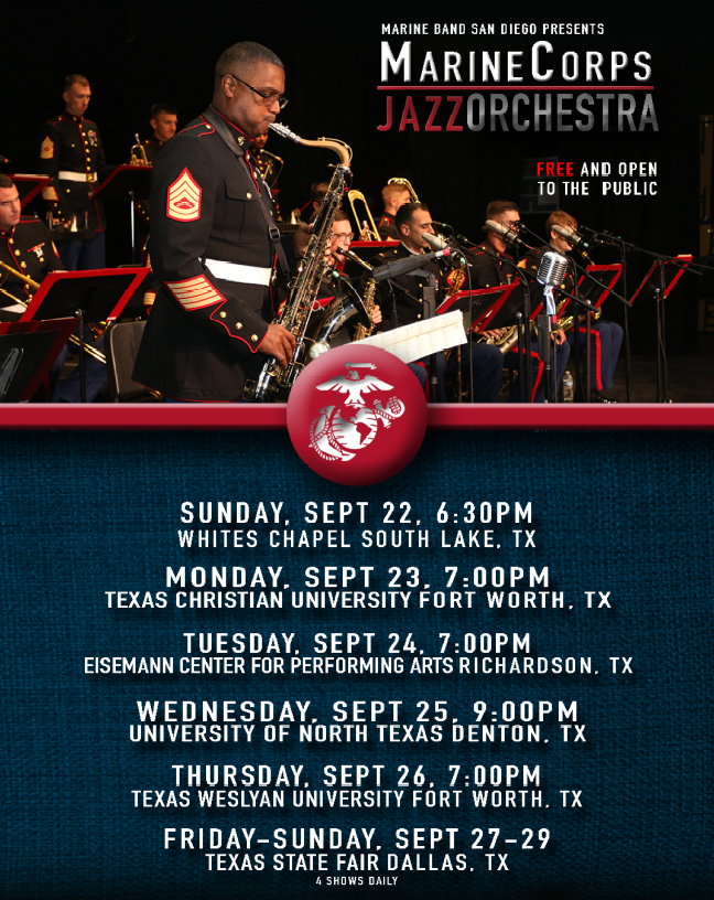 MollyCorbinDAR's tweet photo. The Marine Corps Jazz Orchestra is performing a series of free concerts next week in the Dallas/Fort Worth area (see poster for dates and locations). Please tell your friends and family and go support our Marine Corp musicians! https://t.co/l8x3AtQDu2