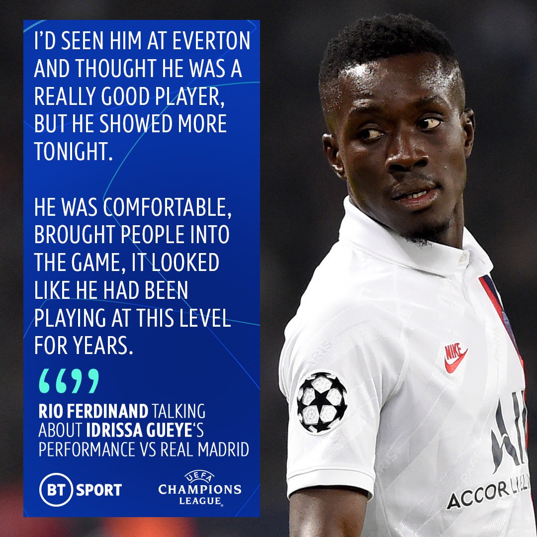 <a href="/btsport/">TNT Sports</a> <a href="/PSG_English/">Paris Saint-Germain</a> <a href="/IGanaGueye/">Idrissa Gana Gueye</a> Idrissa Gueye's all-around midfield performance earned the <a href="/rioferdy5/">Rio Ferdinand</a> seal of approval 🙌