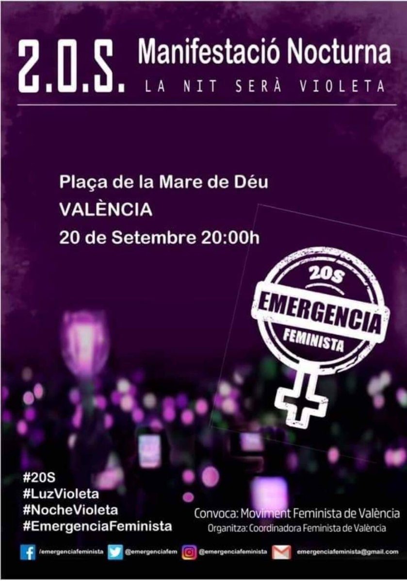 El viernes 20 S salimos a la calle a declarar la emergencia feminista, nos acompañas??
#NocheVioleta #NoesNo #TerrorismoMachista