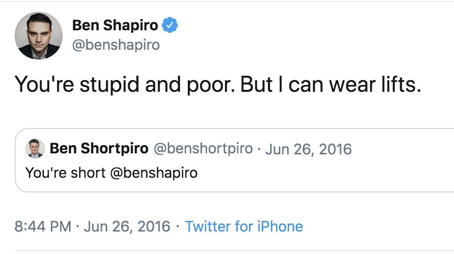 drmistercody's tweet photo. All anyone needs to know about Ben Shapiro is that he once called a bot stupid and poor. https://t.co/ONT2s6dPRr