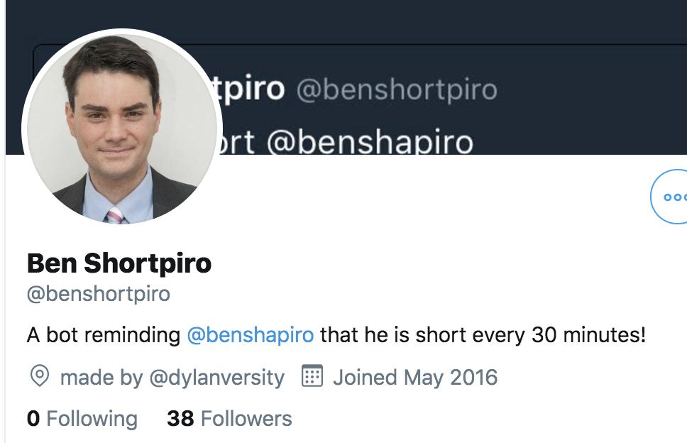 drmistercody's tweet photo. All anyone needs to know about Ben Shapiro is that he once called a bot stupid and poor. https://t.co/ONT2s6dPRr