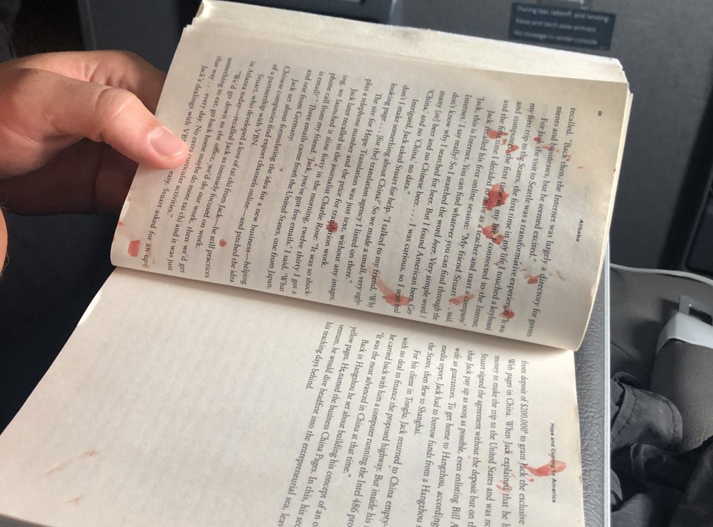 AndySlater's tweet image. Bloody mess on my flight to Miami.

Woman in aisle seat has blister on her foot pop. 

Blood splatters across aisle, including on the two guys in front of me, one of their books, and the window. 

Flight attendant says @MiamiDadeFire will have to meet flight.