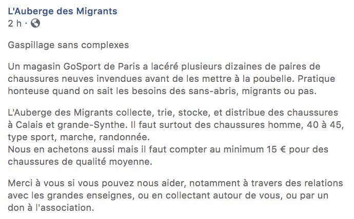 Après Décathlon, c'est au tour de <a href="/gosportfrance/">GO Sport France</a>  de lacérer des dizaines de paires de chaussures ! 🤬🤬

Via l'<a href="/AubergeMigrants/">L'Auberge des Migrants</a> !