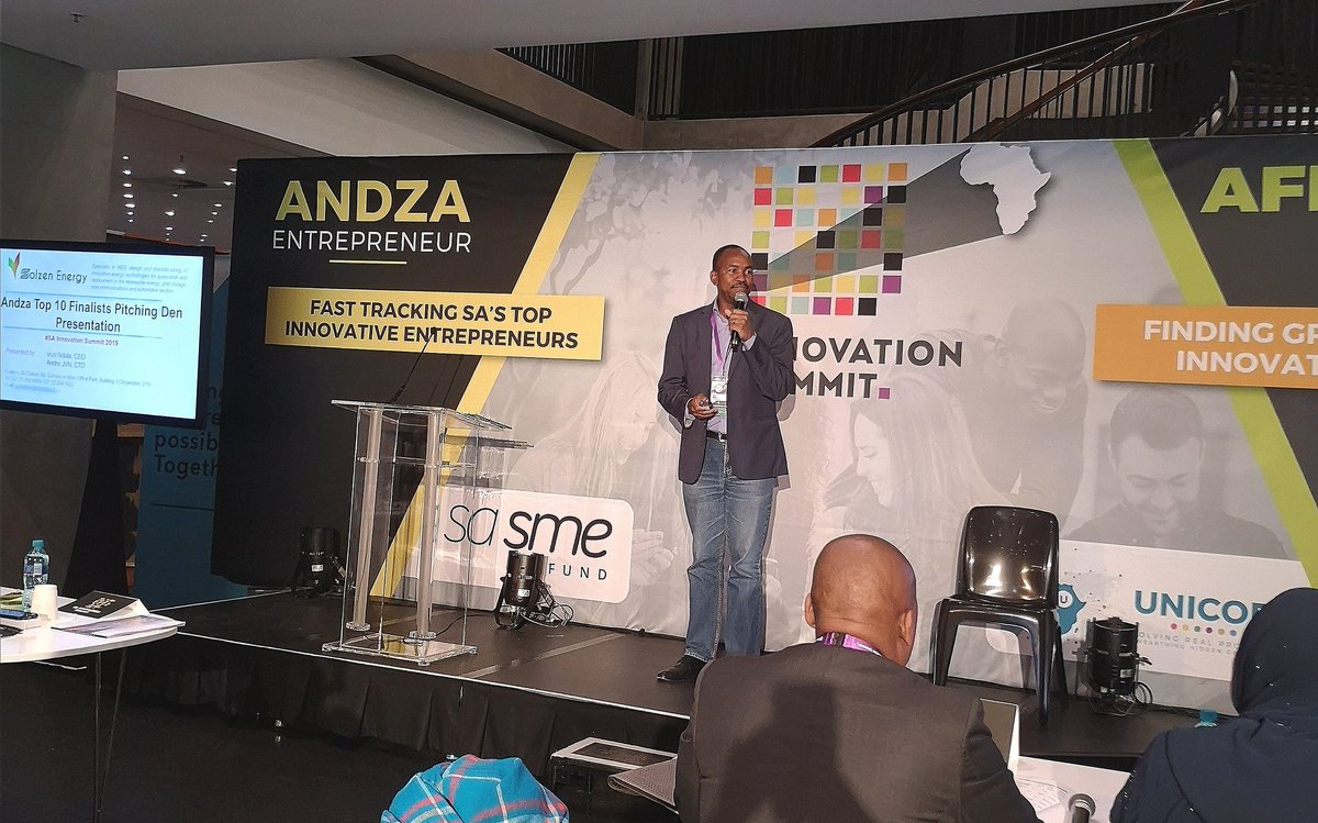 SolzenE's tweet photo. The CEO of @SolzenE, a top 10 national finalist, pitching at Andza Pitching Den Competition at #SAIS2019 @SolzenE @sasmefund https://t.co/2mTwZ6BSD4 https://t.co/e3BKMAaVKz