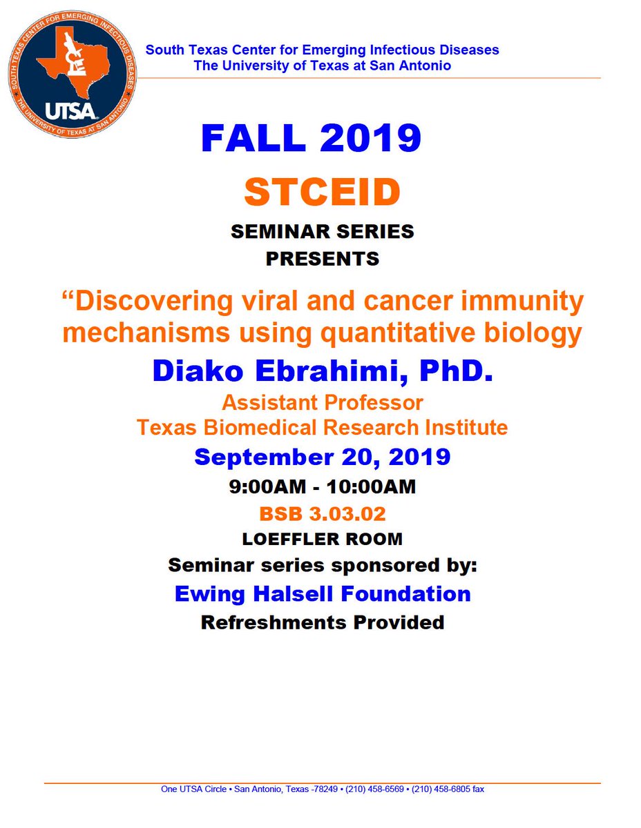 Please join us Friday for our <a href="/STCEID/">STCEID</a> seminar, with Dr. Diako Ebrahimi from  <a href="/txbiomed/">Texas Biomedical Research Institute</a> with his talk "Discovering viral and cancer immunity mechanisms using quantitative biology" #tooinfectious