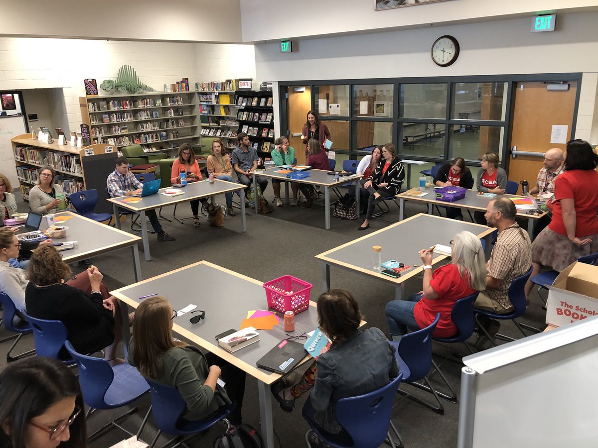 SMS_Tigers's tweet photo. SMS staff book club reading books to help us connect to our middle schoolers!  #goodvibessms #literacyrocks https://t.co/NfiNKgr7WC