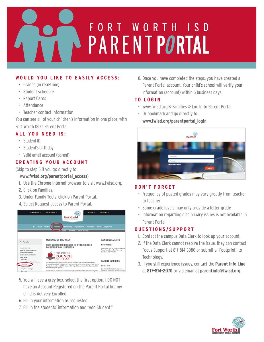 FortWorthISD's tweet photo. Parents, have you registered for parent portal? You’ll be able to see your student's grades, report cards, and more! 

Padres de #FWISD, ¿se han registrado en el Portal de los Padres? Ahí pueden ver los grados, boletas de calificaciones, y más de sus hijos! https://t.co/E7GPKlrr0k