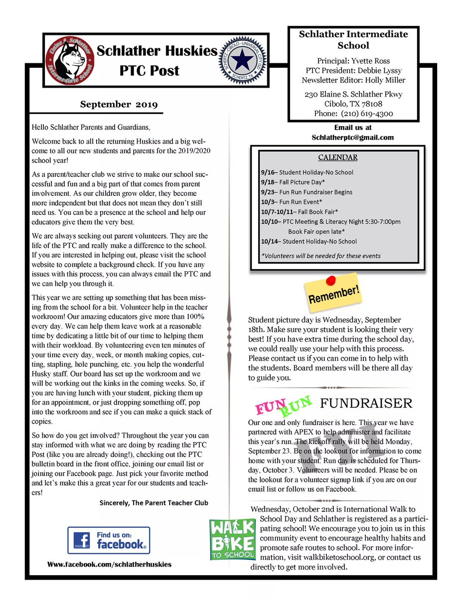 The first #Schlather PTC newsletter of the school year is out this week! #funrun #walktoschool