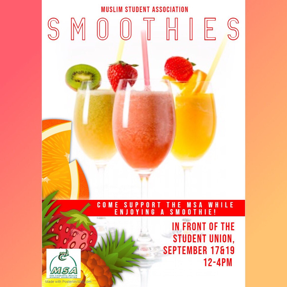 unccmsa's tweet photo. Dont forget to come out tomorrow for our second day of the smoothie fundraiser!!! Part of the proceeds will be going towards Hurricane Dorian damage relief. https://t.co/TgVQMCBAf7