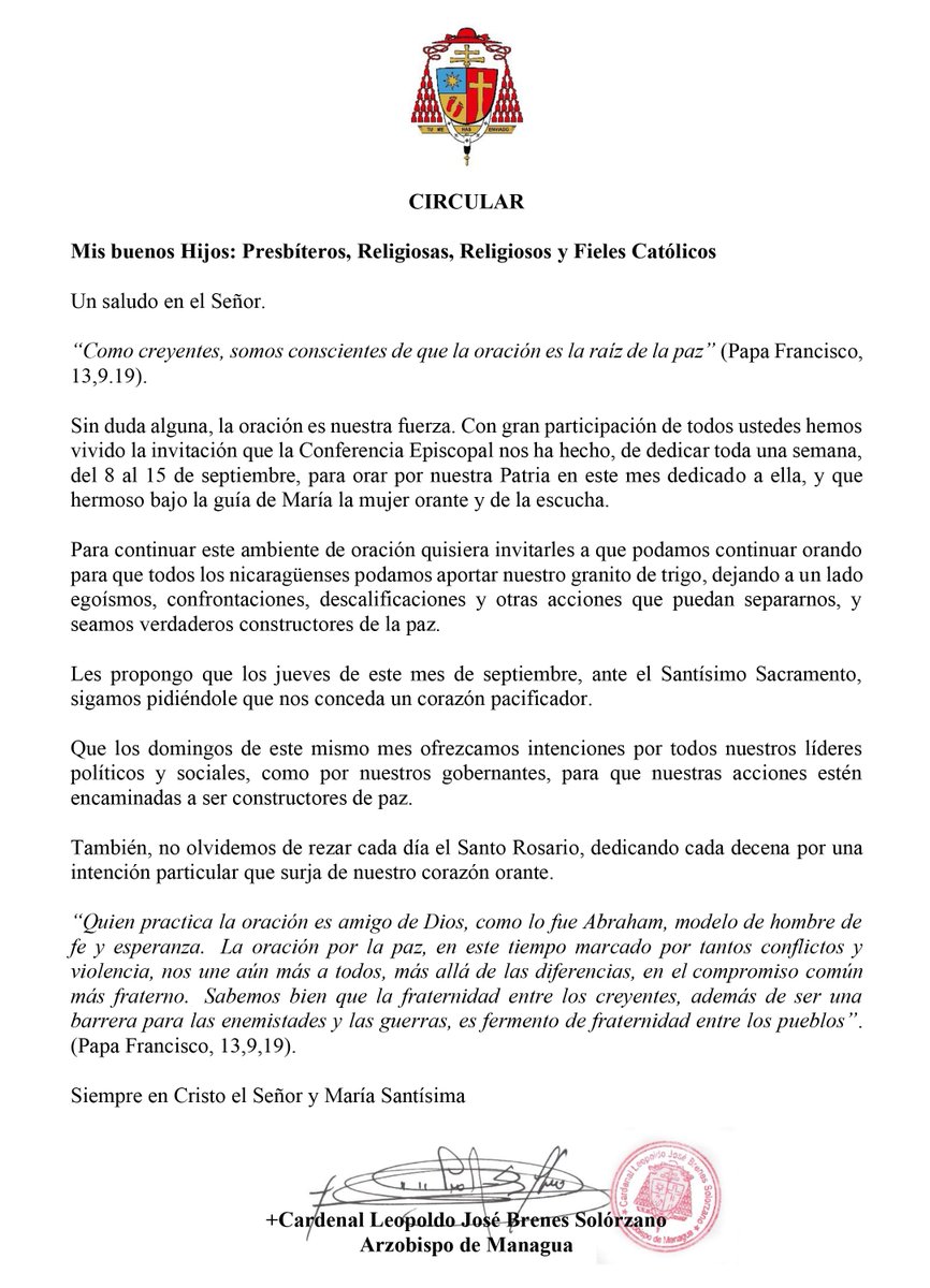CIRCULAR: Card. Brenes, Arzobispo  Managua emite circular invitando a todos los fieles de la Arquidiócesis de a continuar orando por nuestra Patria y para ser verdaderos constructores de Paz.
#ArquidiocesisdeManagua

Descargar en PDF:curiamanagua.org/comunicados/ci…