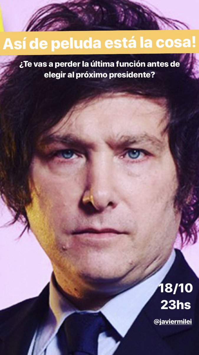 La última antes de ir a votar. Yo que vos me daría una vuelta, el próximo 18/10, por el <a href="/teatroreginaok/">TEATRO REGINA</a> a ver “El Consultorio de <a href="/JMilei/">Javier Milei</a> RECARGADO”. Entradas en el teatro o por <a href="/Plateanet/">Plateanet</a>. Se van rápido. Apurate!!!! #VivaLaLibertadCarajo