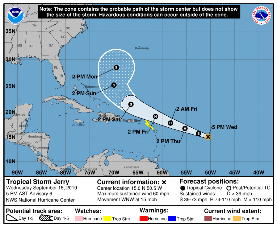KNMI's tweet photo. Waarschuwing #KNMI voor #CaribischNL: #tropischestorm #Jerry wordt vrijdag eind van de middag (lokale tijd) 230 km noordnoordoost van Saba en St. Eustatius verwacht. Tropical Storm Watch is van kracht voor #Saba en St. #Eustatius. https://t.co/y1M1qppzQ6 https://t.co/QZCcpepBA0