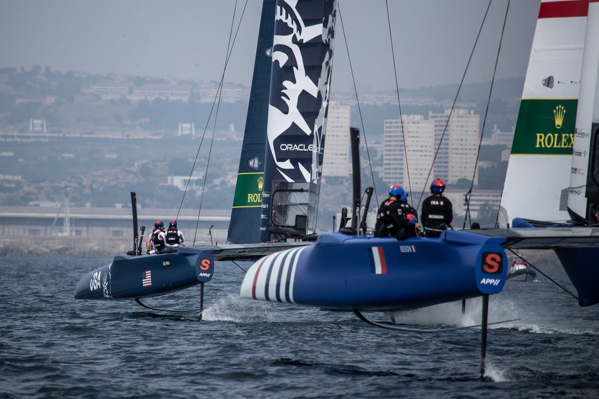 SailGPUSA's tweet photo. #MarseilleSailGP served up another beauty practice day for the young guns. Official Practice Racing tomorrow. Must defend the podium. #SailGP #SailingRedefined https://t.co/qV6dWcXoz1