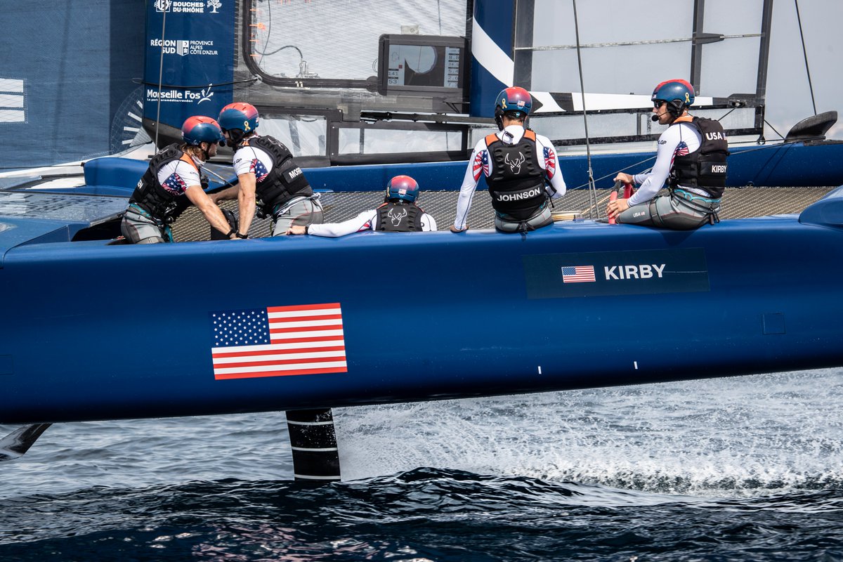 SailGPUSA's tweet photo. #MarseilleSailGP served up another beauty practice day for the young guns. Official Practice Racing tomorrow. Must defend the podium. #SailGP #SailingRedefined https://t.co/qV6dWcXoz1