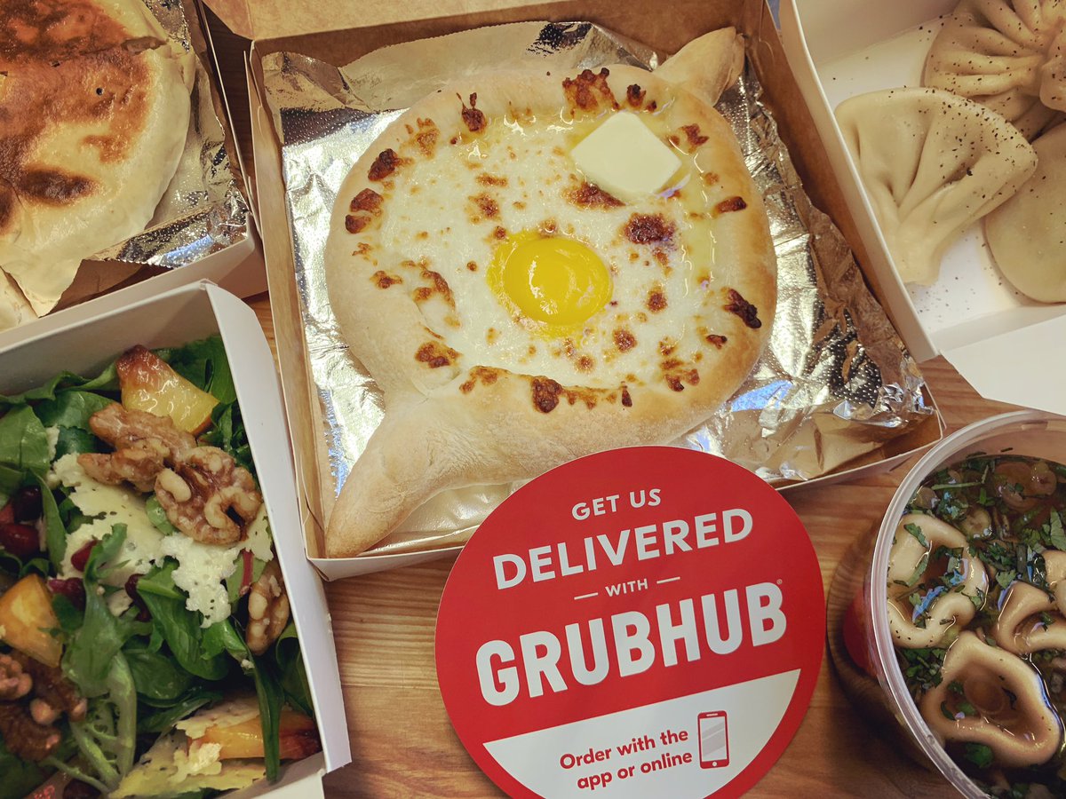 Dinner, delivered. We’re now on @Grubhub! Free delivery for first time GrubHub customers and $5 off your first order with us! #grubhub #delivery #pdxeats #georgianfood #khachapuri #khinkali