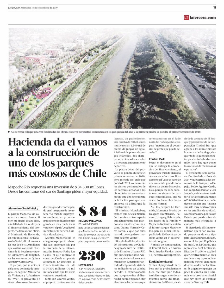 carlosecruzl's tweet photo. Muy buena noticia: El @Min_Hacienda junto a @dsocial_gob aprobaron financiamiento por $84.500 millones para @MapochoRio, parque de 51 hectáreas y 9 kms de longitud que beneficiará a Quinta Normal y Cerro Navia ¡Primera piedra se instala el primer trimestre de 2020! 👏🏼 https://t.co/c9nwgHRNM5