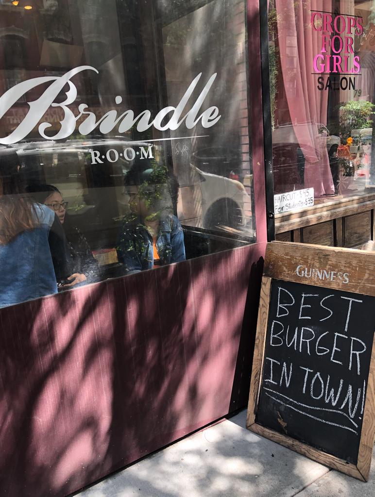 One of the best burger places in New York City. At 10th Street and Avenue A.
<a href="/BrindleRoom/">Brindle Room</a>