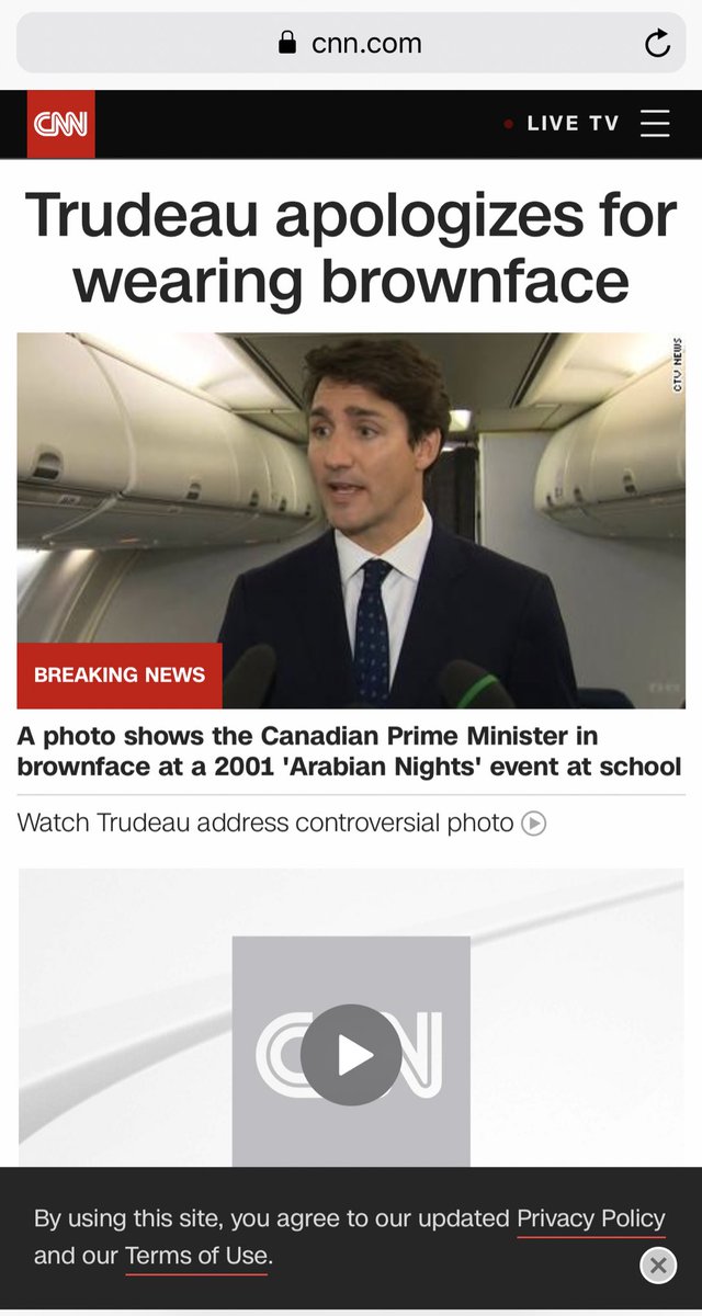 SimonOstler's tweet photo. Both CNN and BBC top stories right now are @JustinTrudeau #brownface https://t.co/k6pin6eYWP