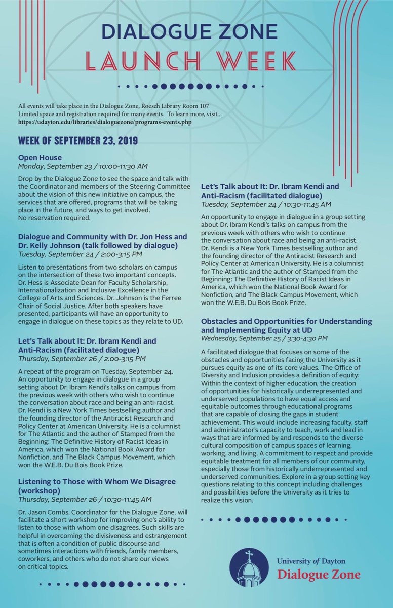 DialogueZone_UD's tweet image. Programming takes off next week, Flyers!✈️ Which dialogue are you going to register for? 🗣️👤👀
#DialogueZone #RoeschRefresh #UniversityofDayton #UDayton
