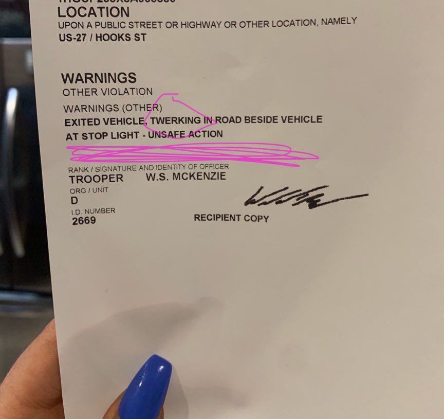 Nicolee_Graham's tweet photo. turns out the car DIRECTLY behind us was a state trooper and he pulled us over and gave me a “physical warning to frame for me and my family” and laughed while handing me this https://t.co/ytskcd3qz7
