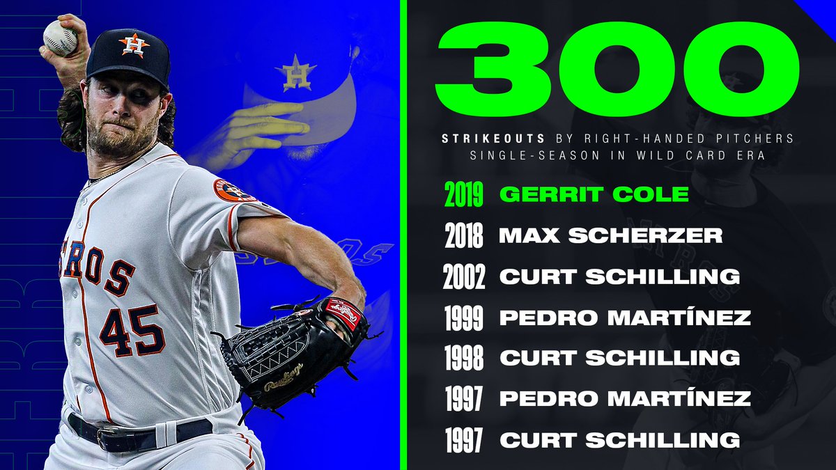 MLB Stats on X: .@astros ace @GerritCole45 is the 1st AL RHP with 300  strikeouts in a season since @45PedroMartinez in 1999.   / X