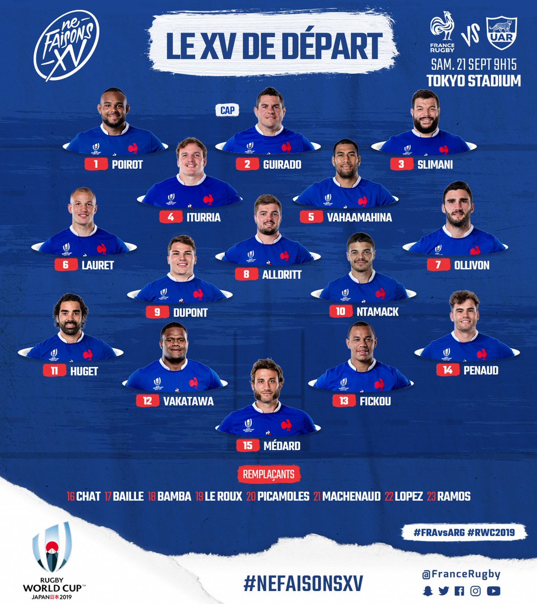 France Rugby On Twitter Samedi Les Bleus Entament Leur Coupe Du Monde Contre L Argentine Au Tokyo Stadium Voici La Composition De Notre Equipe Nefaisonsxv Fravsarg Xvdefrance Rwc2019 Https T Co 7w1xslih1v