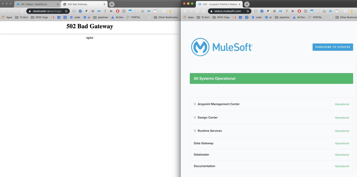 wes1278's tweet photo. @MuleSoft down for anyone else? Status says it's fine but I'm getting 502 every other try and then it's incapable of creating a new task if login succeeds. https://t.co/YjytLG9rnH