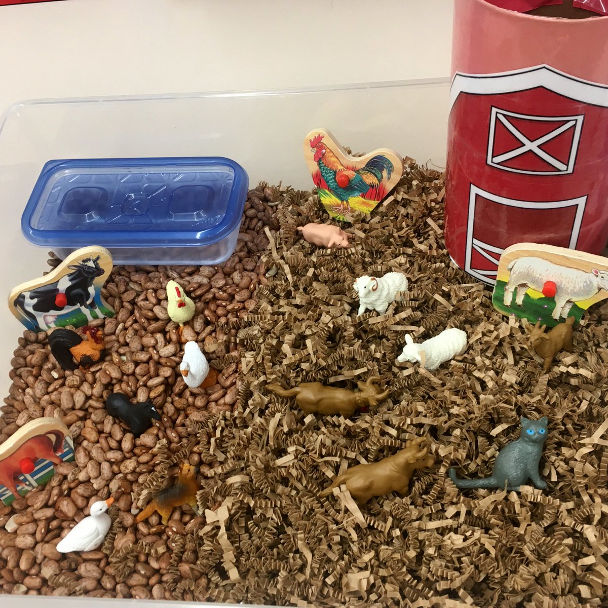 MrsSmith_FCPS's tweet photo. We are having so much fun pairing texts, target vocabulary objects in sensory bins, and visual supports in pre-k this week. Farm animals and water are big motivators for natural and aided language! #LESspeech #UnityIsStrength https://t.co/KyJT1hgd2X