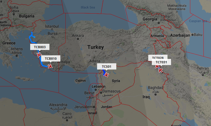 RDR_47's tweet photo. #TurkishAirForce 5 x military #UAV. 0205z
#TCB803 and #TCB810 performing control of the territorial sea in the western sector of Turkey
#TCS01 performing recognition south of Aleppo, Syria.
#TCT028 and #TCT031 performing recognition on the mountainous sector of northeastern Iraq. https://t.co/5cYNz1Xvsj